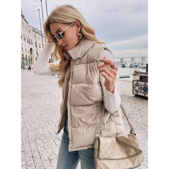 Snap Button Up Corduroy Puffer Vest Coat tan - Picture 6 of 6